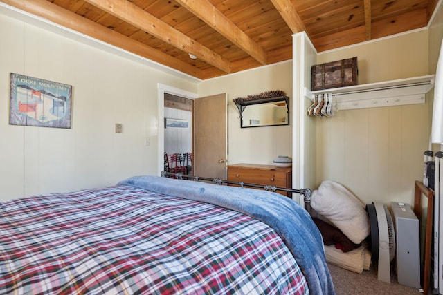 bedroom featuring wooden ceiling and beam ceiling