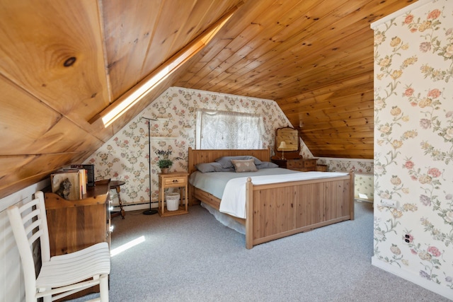 unfurnished bedroom with wood ceiling, baseboard heating, light carpet, and lofted ceiling