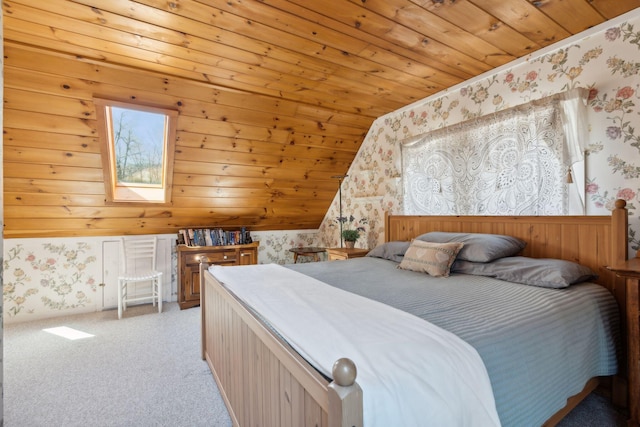 carpeted bedroom with wood ceiling and lofted ceiling