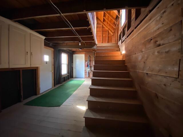 interior space featuring wood walls and light hardwood / wood-style floors