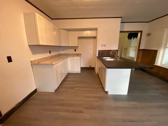 kitchen featuring white cabinets, sink, dark hardwood / wood-style floors, ornamental molding, and kitchen peninsula