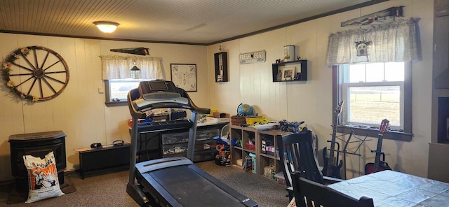 interior space with ornamental molding and carpet