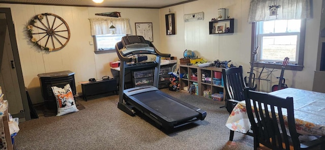 exercise area with crown molding, wood walls, and carpet