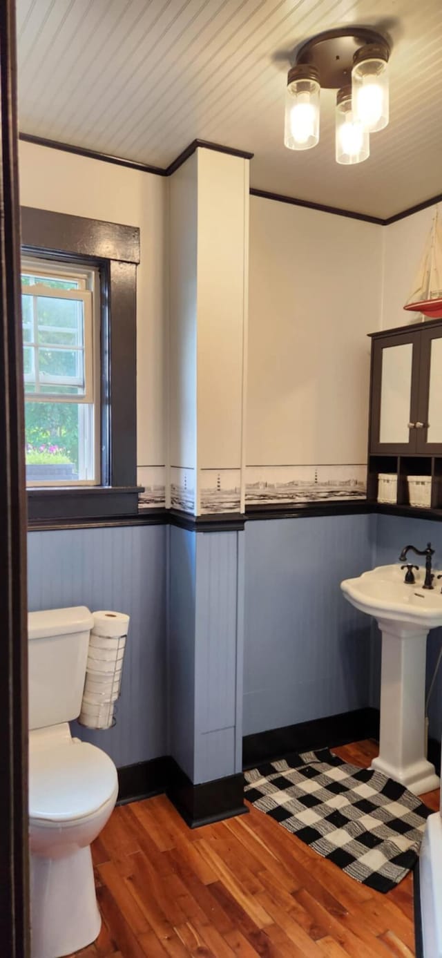 bathroom with wood-type flooring, crown molding, toilet, and sink