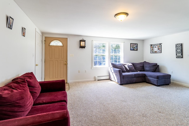 living room featuring light colored carpet and baseboard heating