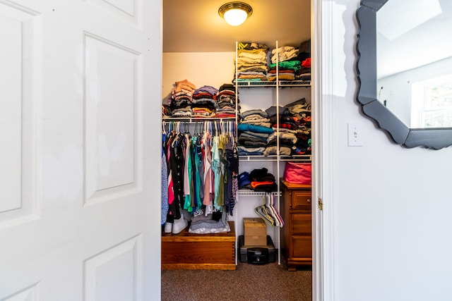 spacious closet featuring dark carpet