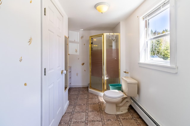 bathroom featuring tile flooring, walk in shower, a baseboard heating unit, and toilet