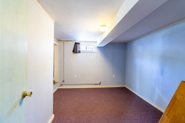 basement with dark carpet