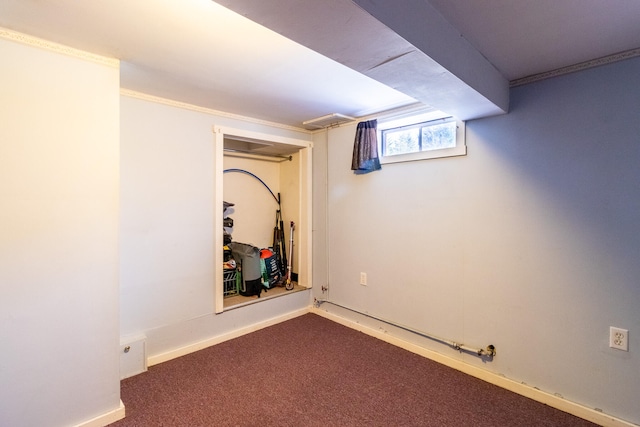 basement with dark carpet