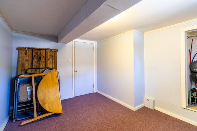 interior space featuring crown molding and dark carpet