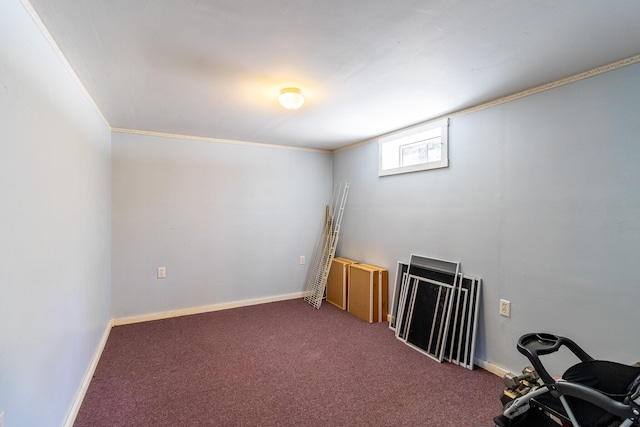 misc room featuring dark colored carpet and crown molding