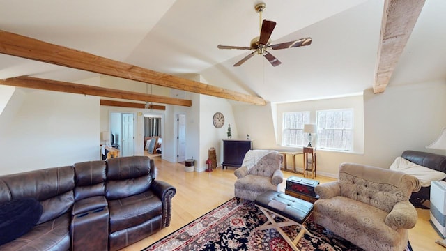 living room featuring vaulted ceiling with beams, light hardwood / wood-style floors, and ceiling fan