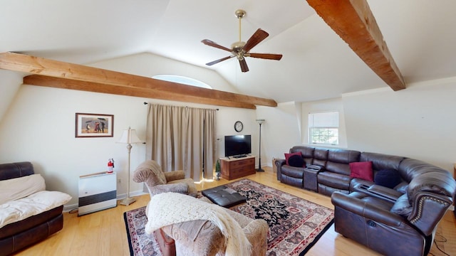 living room with light hardwood / wood-style flooring, ceiling fan, and vaulted ceiling with beams