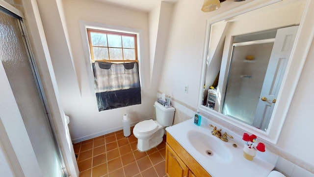 bathroom featuring an enclosed shower, toilet, tile flooring, and vanity