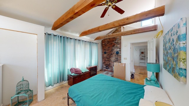 bedroom featuring ceiling fan, beamed ceiling, and multiple windows