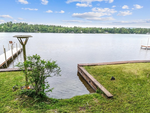 view of dock featuring a water view and a lawn