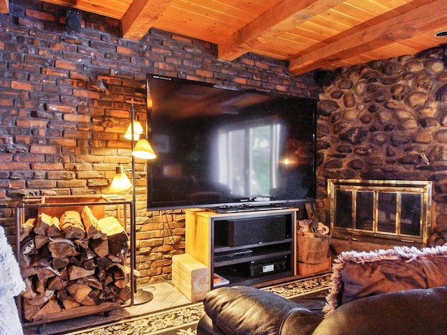 living room featuring wooden ceiling and beam ceiling