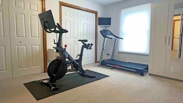 exercise room with light colored carpet