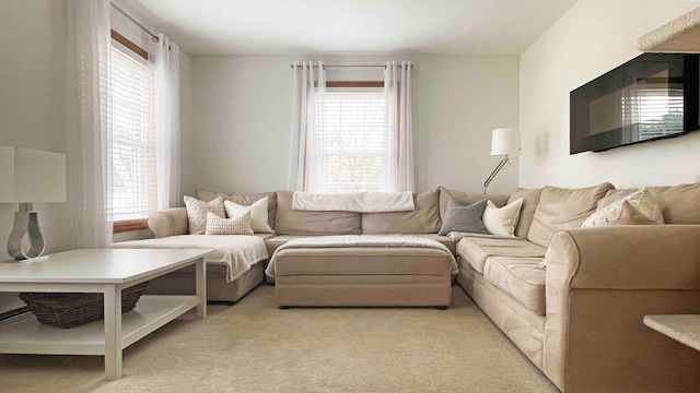 living room with plenty of natural light and carpet floors