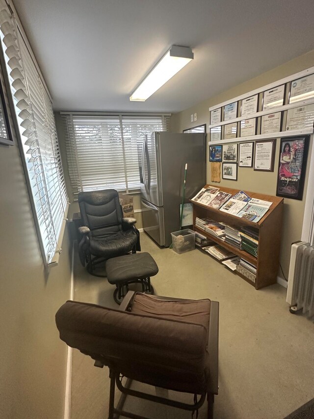 interior space featuring carpet, radiator, and a wealth of natural light