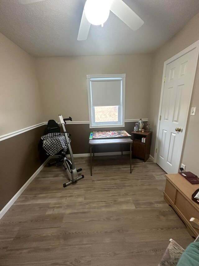 exercise room featuring hardwood / wood-style flooring, ceiling fan, and a textured ceiling