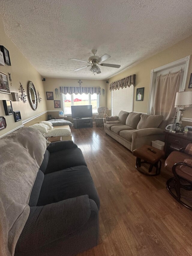 living room with wood-type flooring, ceiling fan, and a textured ceiling