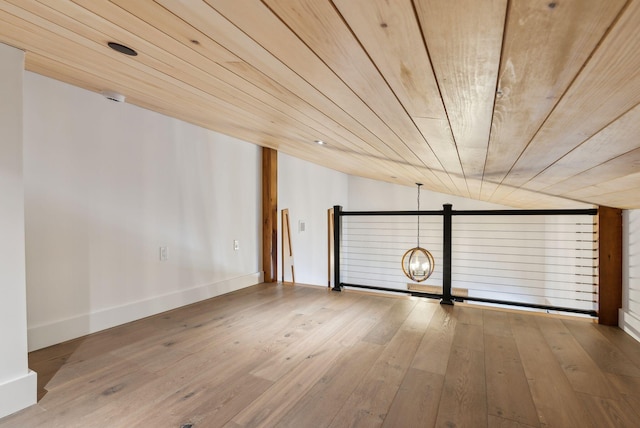 unfurnished room featuring hardwood / wood-style flooring, vaulted ceiling, wooden ceiling, and a chandelier