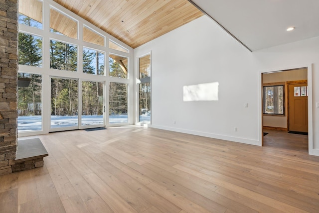 unfurnished living room with wood ceiling, high vaulted ceiling, and light wood-type flooring