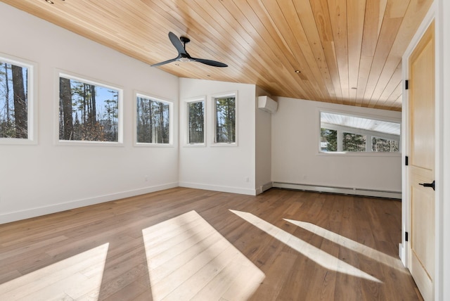 interior space with wood ceiling, a wall mounted air conditioner, vaulted ceiling, light hardwood / wood-style flooring, and a baseboard heating unit