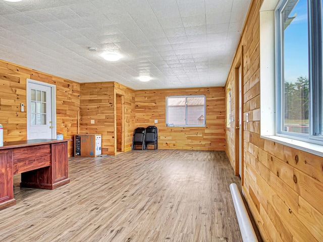 interior space with wood walls and light hardwood / wood-style floors