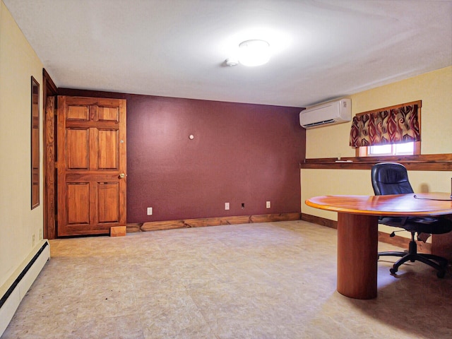 unfurnished office with a baseboard radiator and a wall mounted air conditioner