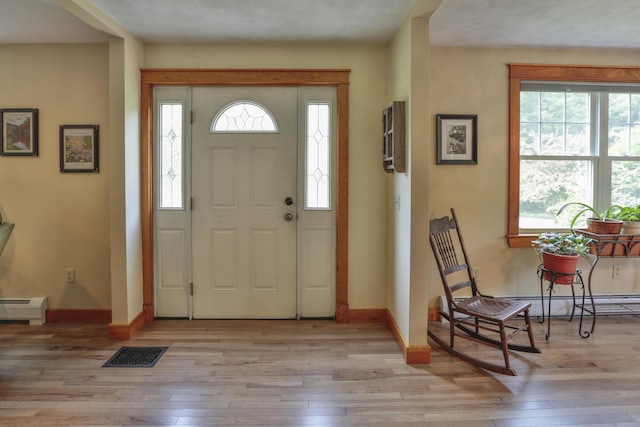 entryway with light hardwood / wood-style flooring and baseboard heating