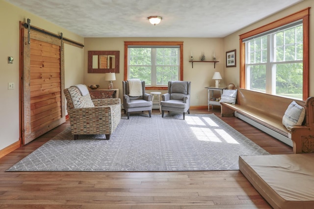 living room with light wood-type flooring, a barn door, a baseboard radiator, and a wealth of natural light