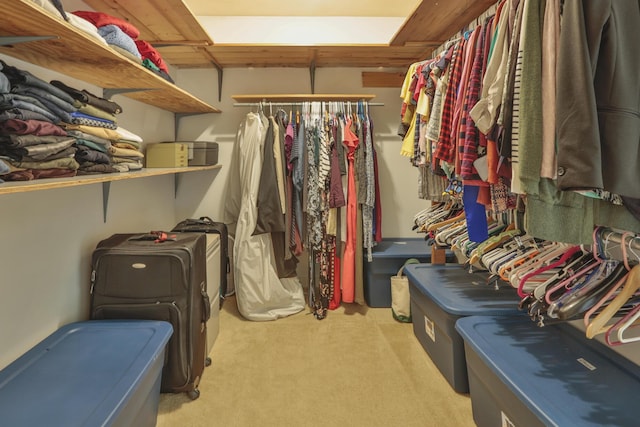 walk in closet with light carpet