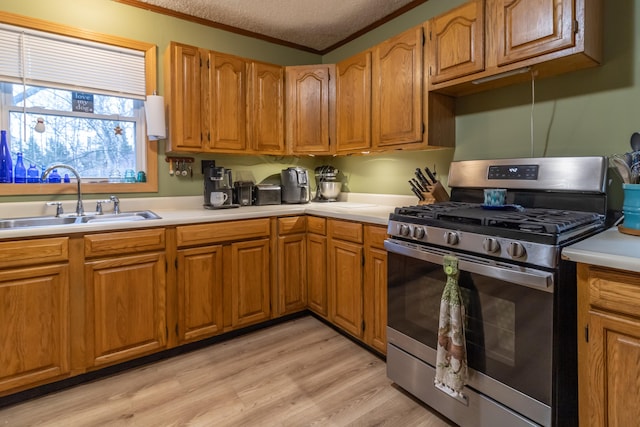 98 Old Rte 1, Gouldsboro, ME 04607 - kitchen featuring stainless steel gas range oven, light hardwood / wood-style flooring, ornamental molding, sink, and a textured ceiling