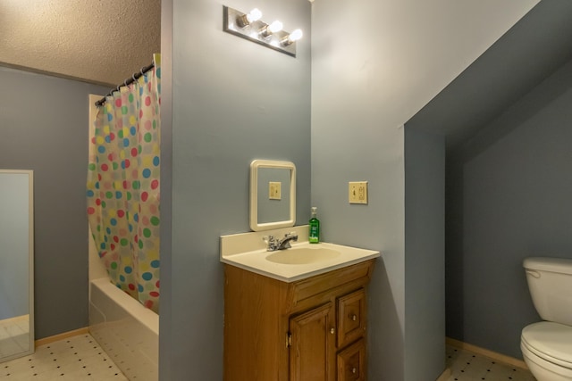 98 Old Rte 1, Gouldsboro, ME 04607 - full bathroom featuring shower / bath combo, toilet, a textured ceiling, vanity, and tile floors