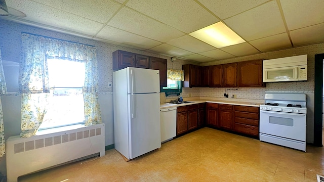 kitchen with a wealth of natural light, white appliances, radiator, and light tile floors