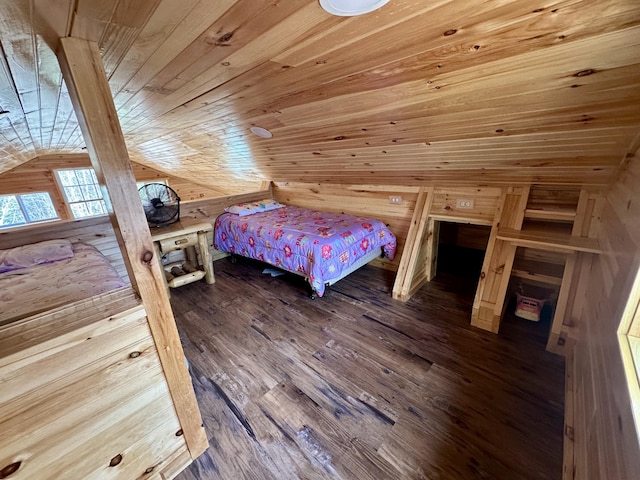 bedroom with wood ceiling, wood walls, vaulted ceiling, and hardwood / wood-style floors