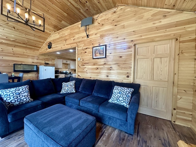 living room featuring wooden ceiling, dark wood-type flooring, an inviting chandelier, and wooden walls