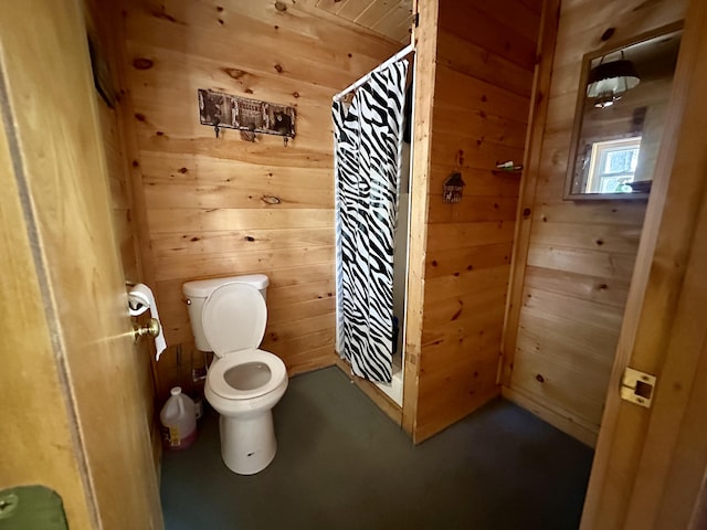 bathroom with toilet and wooden walls