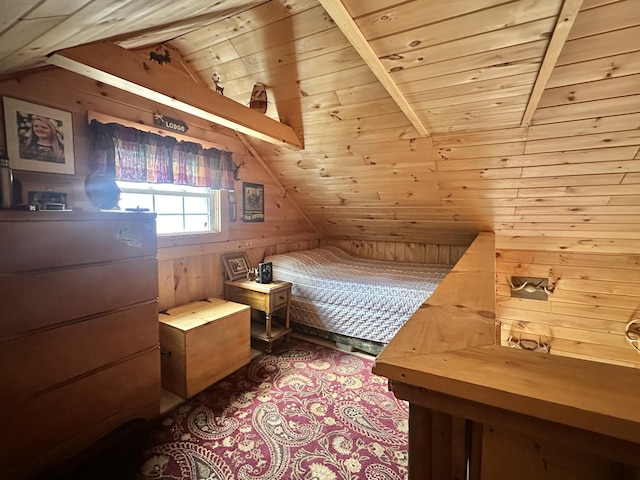 bedroom with wood ceiling, wooden walls, and vaulted ceiling with beams