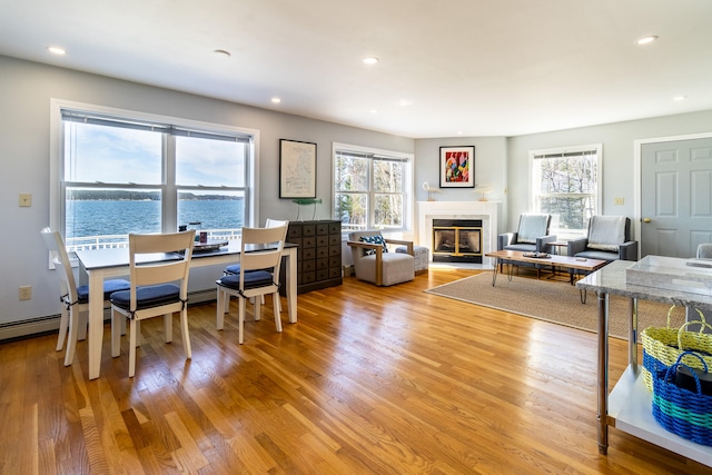 dining area featuring light hardwood / wood-style floors and a water view