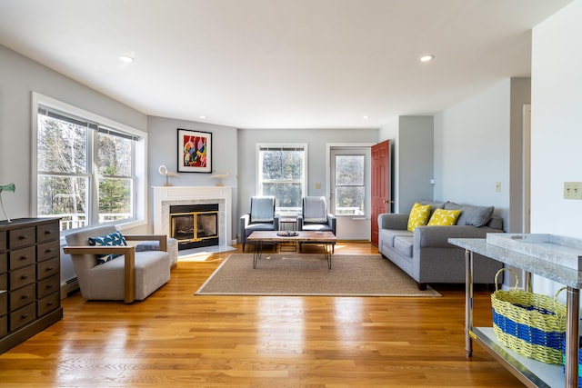 living room with light wood-type flooring, baseboard heating, and a high end fireplace