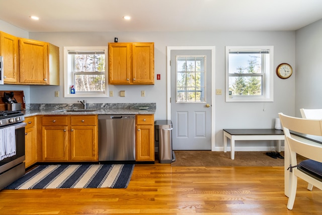 kitchen with a wealth of natural light, appliances with stainless steel finishes, light hardwood / wood-style flooring, and sink