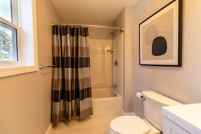 full bathroom featuring shower / bath combo, toilet, tile floors, and vanity