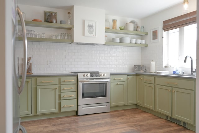 kitchen with range with electric cooktop, white fridge, sink, tasteful backsplash, and hardwood / wood-style floors