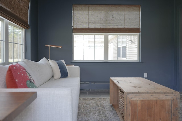 interior space with dark tile flooring