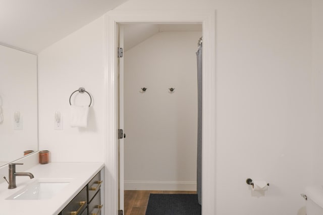 bathroom with vaulted ceiling, toilet, hardwood / wood-style flooring, and large vanity