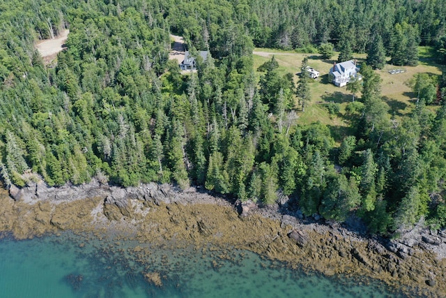 bird's eye view with a wooded view