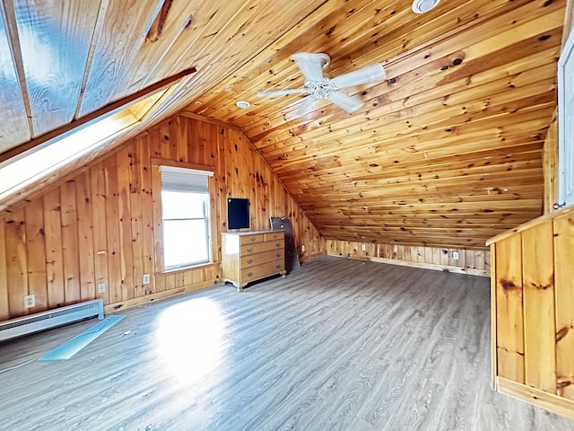 additional living space featuring wooden ceiling, wood walls, hardwood / wood-style floors, and vaulted ceiling